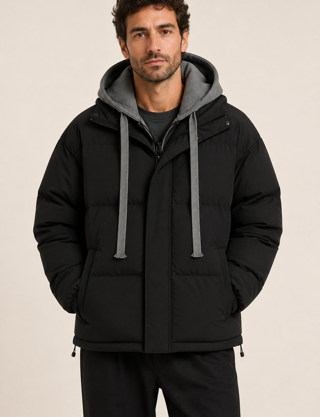 Lässige schwarze Pufferjacke an Mann auf warmem beigem Hintergrund
