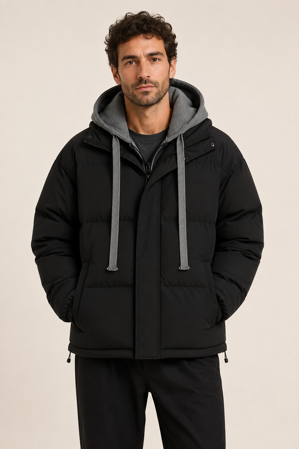 Lässige schwarze Pufferjacke an Mann auf warmem beigem Hintergrund