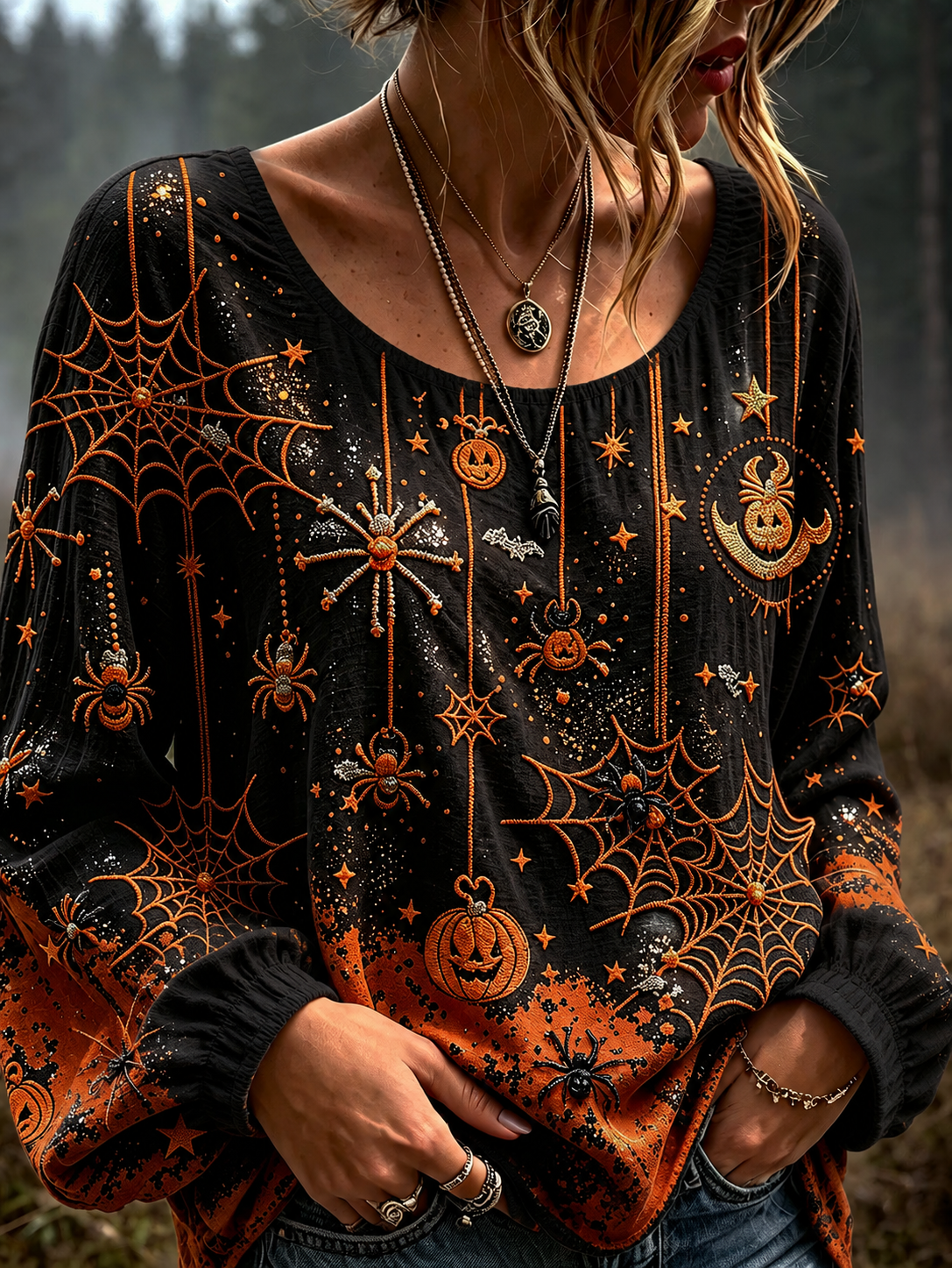Josephine | Bluse mit Kürbismotiv und Spinnennetzmotiv – Produktansicht 1
