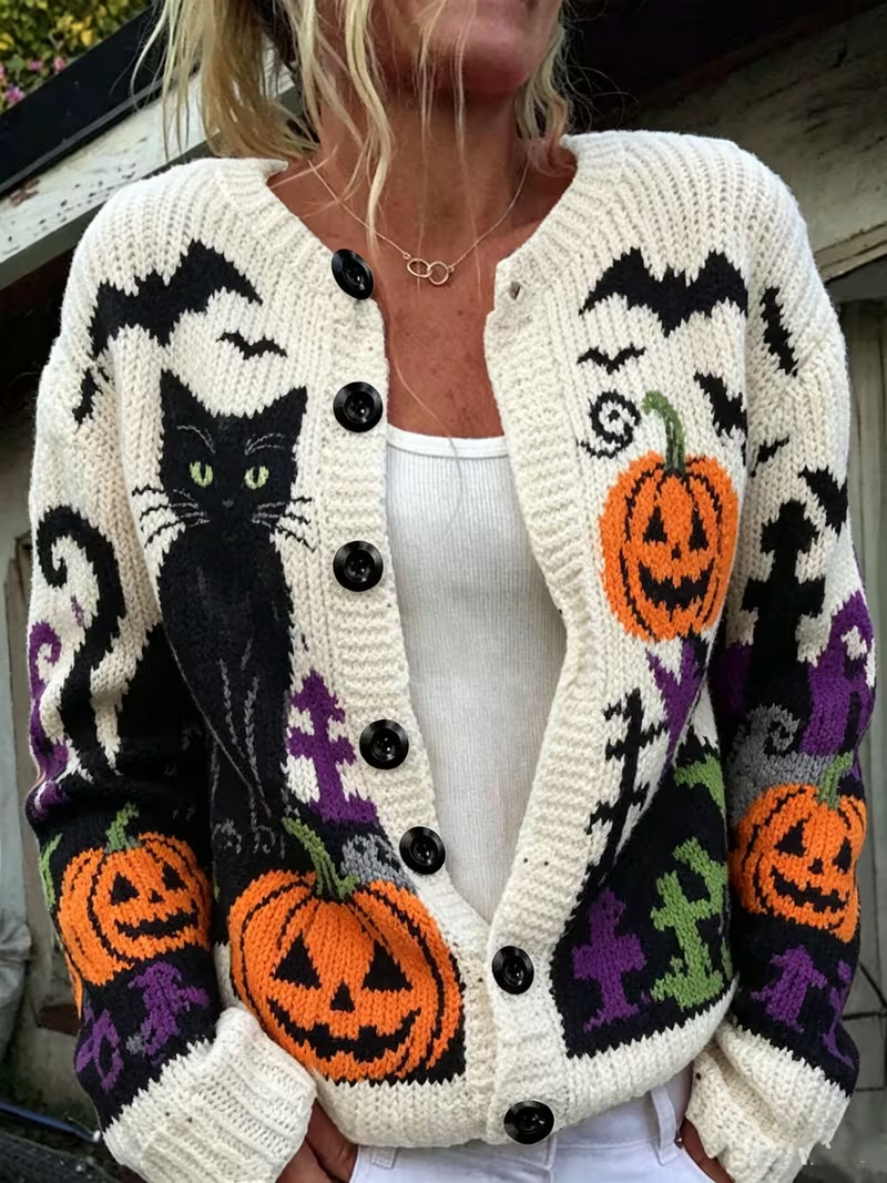 Daniela | Strickjacke mit Kürbismotiv, Katzenmotiv und Fledermausmotiv – Produktansicht 1