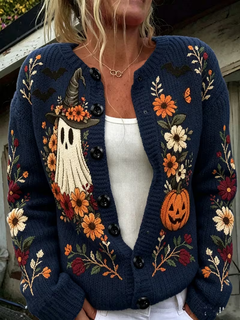 Barbara | Strickjacke mit Kürbismotiv, Geistermotiv und Blumenmotiv – Produktansicht 1