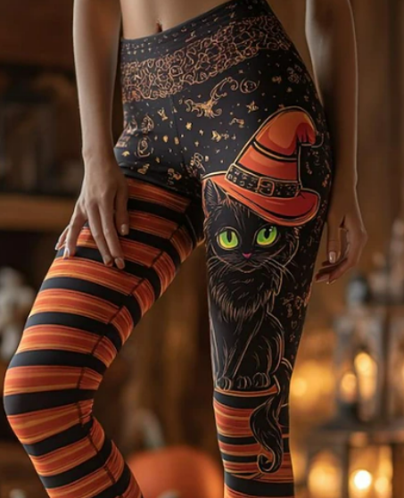 Angela | Leggings mit Katzenmotiv, Hexenmotiv und Streifenmuster – Produktansicht 3