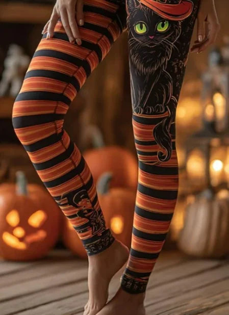 Angela | Leggings mit Katzenmotiv, Hexenmotiv und Streifenmuster – Produktansicht 2