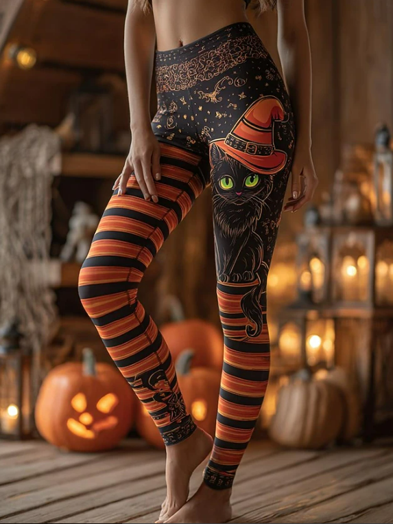 Angela | Leggings mit Katzenmotiv, Hexenmotiv und Streifenmuster – Produktansicht 1