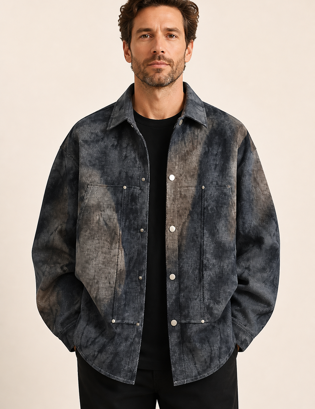 Hemdjacke in dunkler Acid-Wash-Optik an Mann auf warmem beigem Hintergrund