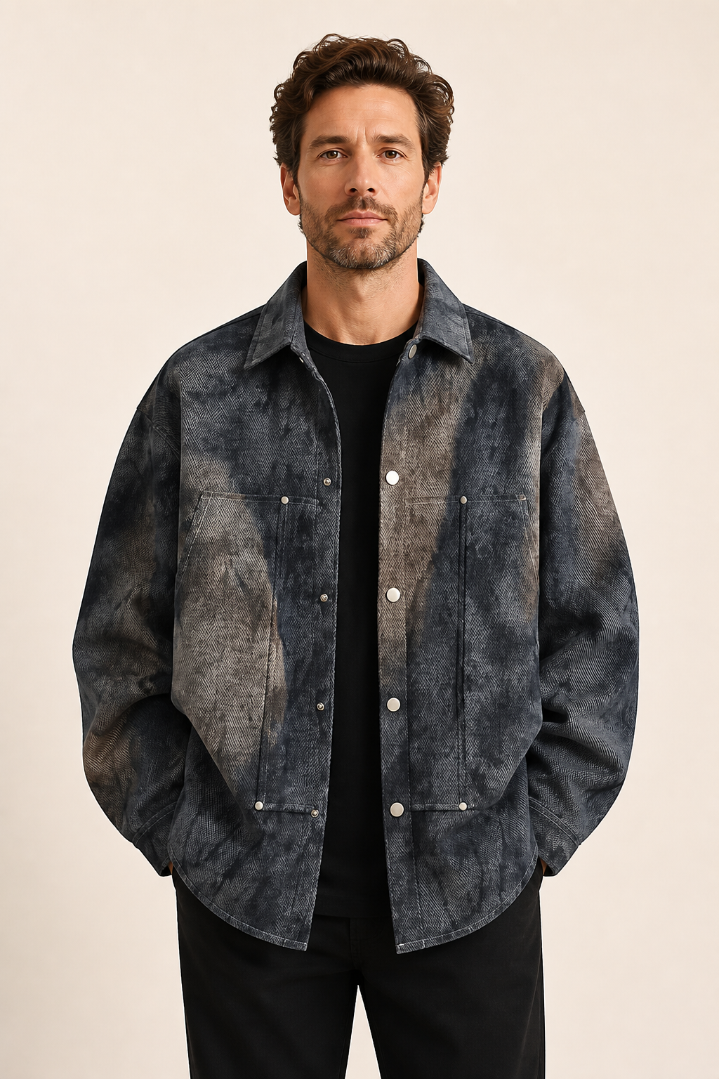 Hemdjacke in dunkler Acid-Wash-Optik an Mann auf warmem beigem Hintergrund