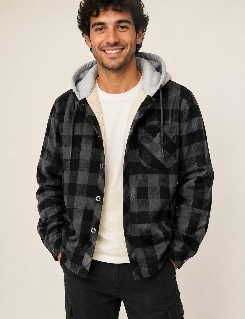 Schwarz-karierte Overshirt-Jacke mit Kapuze an Mann auf beigem Hintergrund