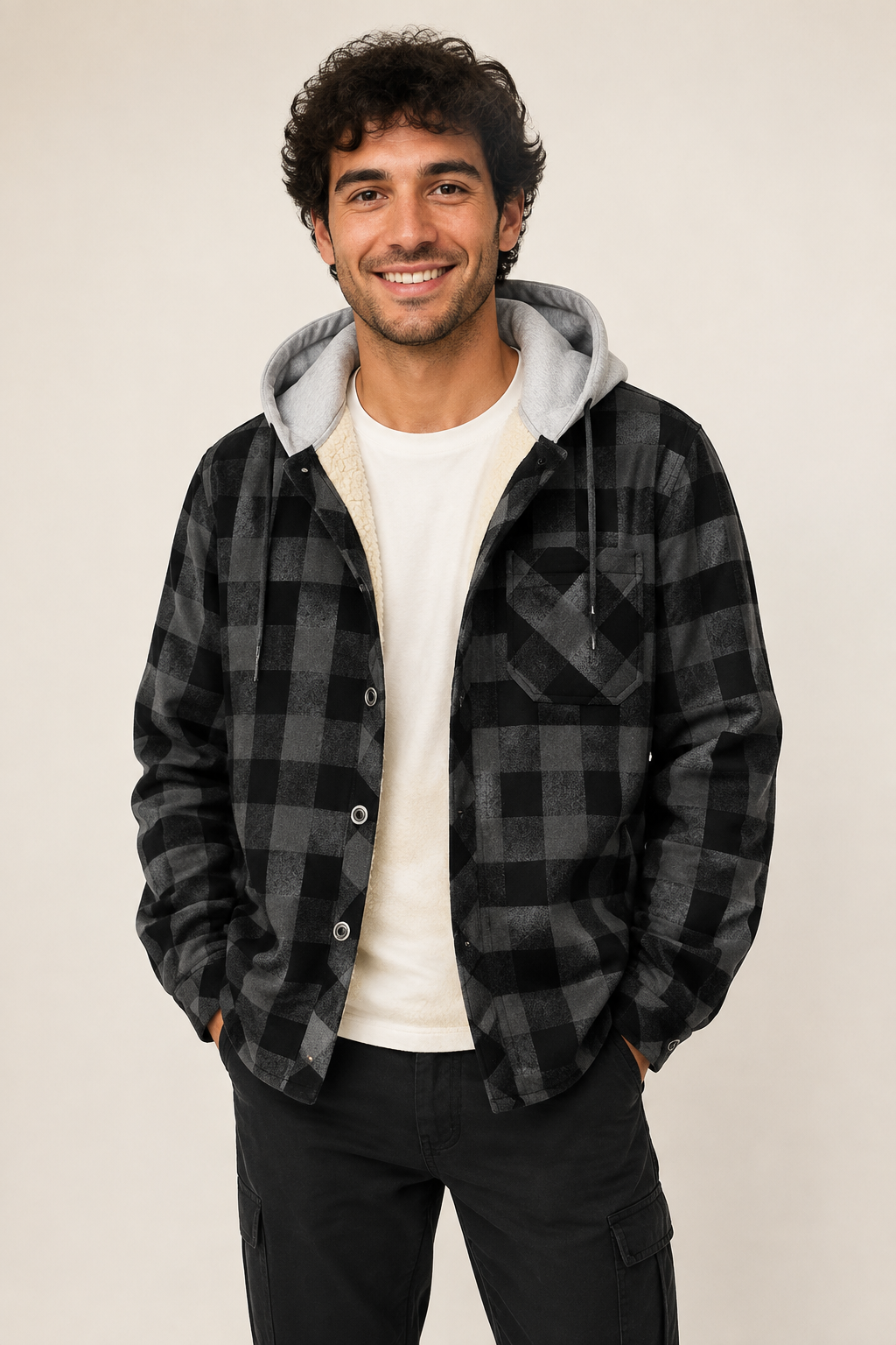 Schwarz-karierte Overshirt-Jacke mit Kapuze an Mann auf beigem Hintergrund