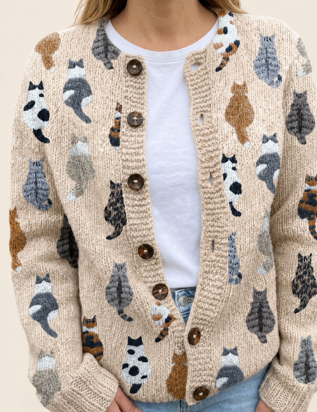 Charlotte | Damen Cardigan mit Knöpfe und langärmelig – warmbeiger Studiohintergrund