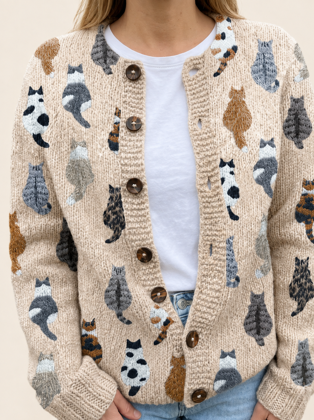 Charlotte | Damen Cardigan mit Knöpfe und langärmelig – warmbeiger Studiohintergrund