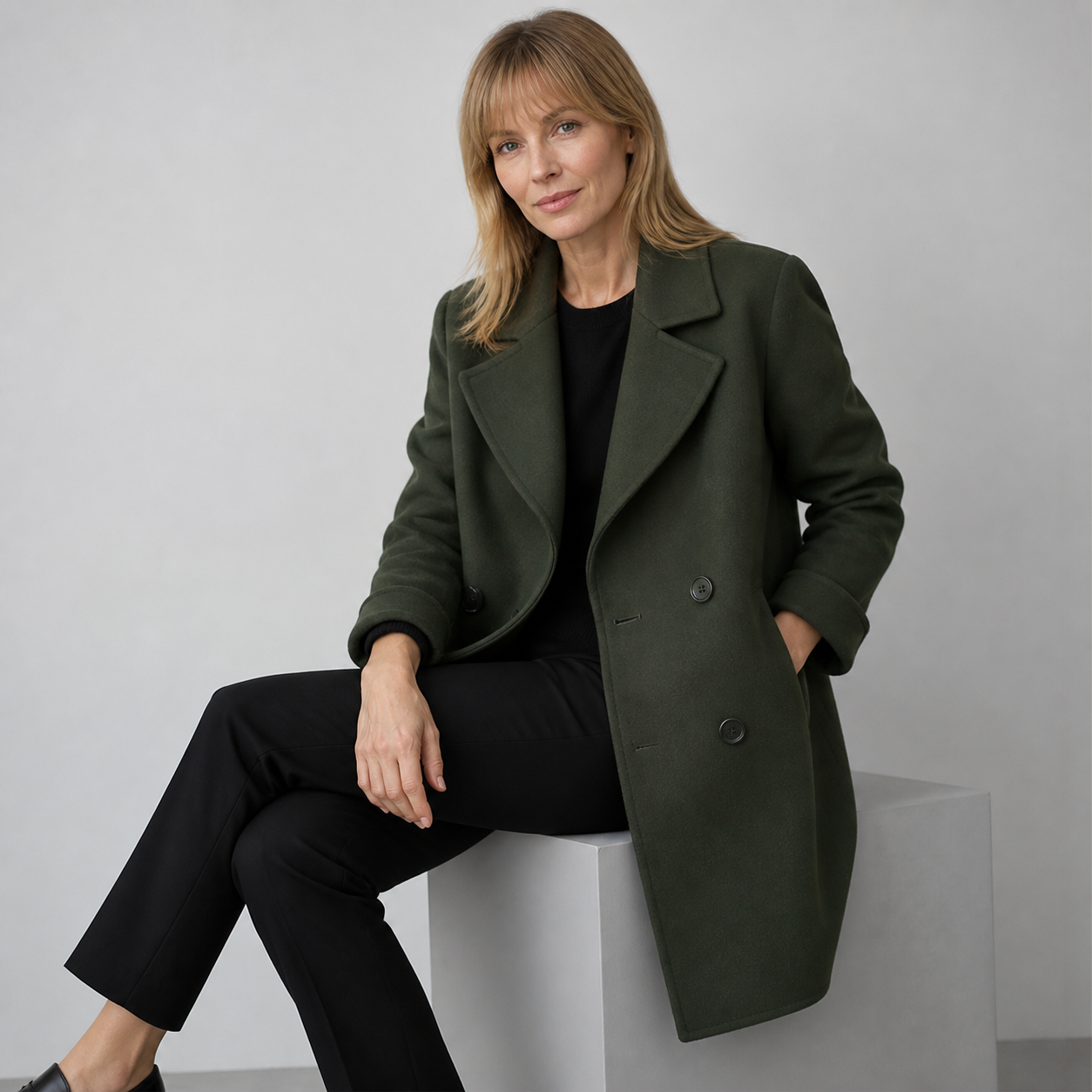 Christy palton midi Verde Armata - model așezat