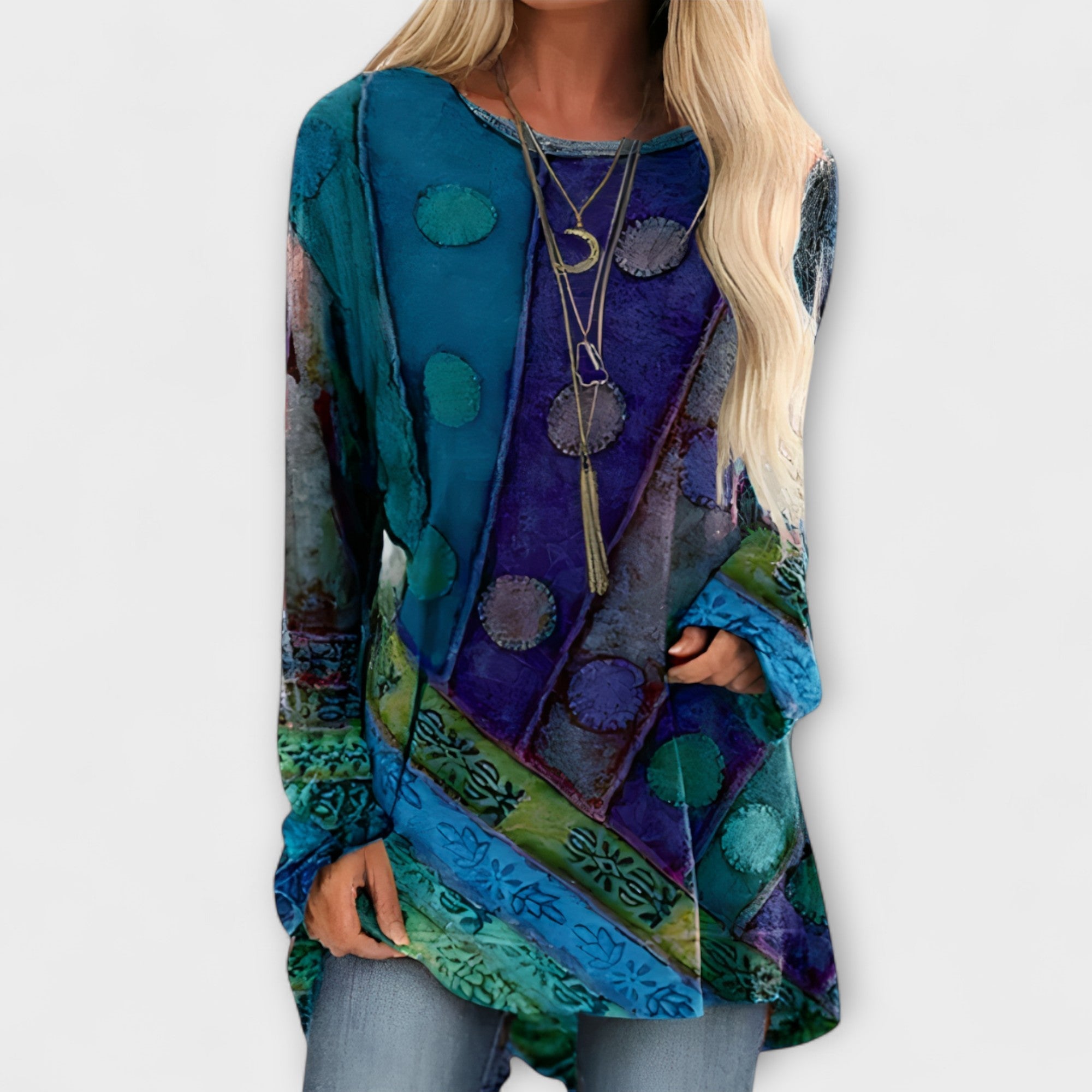 Damenbluse mit großflächigem Farbblockmuster, Variante Blau