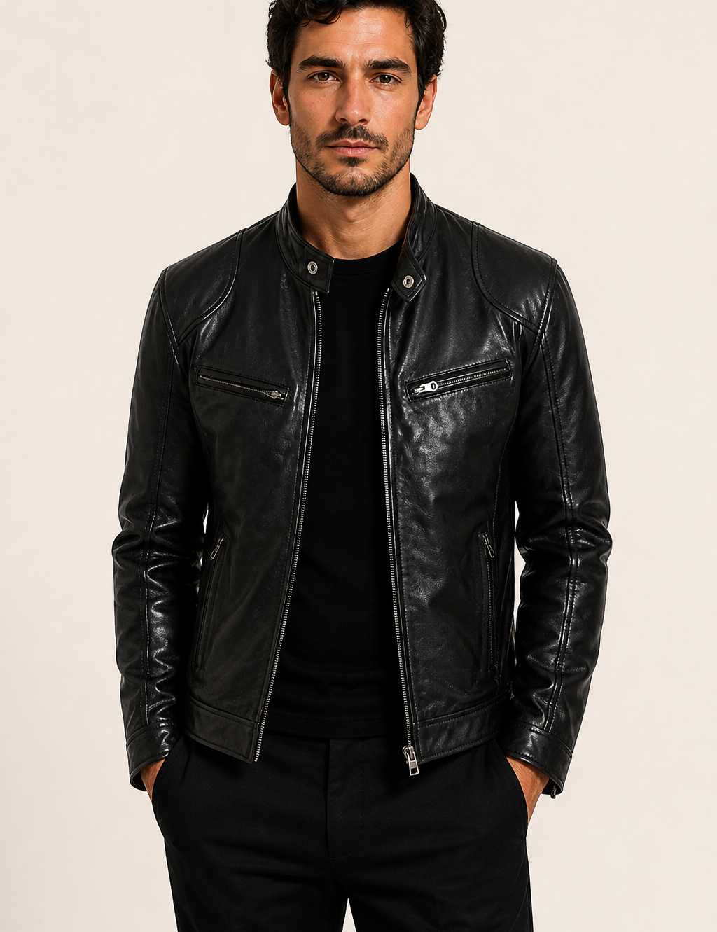 Klassische schwarze Herren-Lederjacke an Mann auf warmem beigem Hintergrund