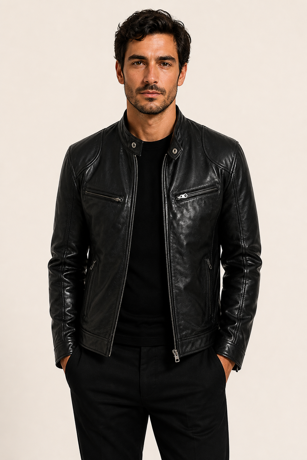 Klassische schwarze Herren-Lederjacke an Mann auf warmem beigem Hintergrund