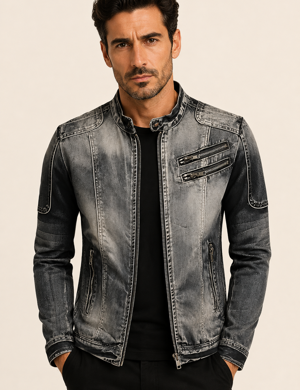 Klassische graue Herren-Jeansjacke an Mann auf warmem beigem Hintergrund