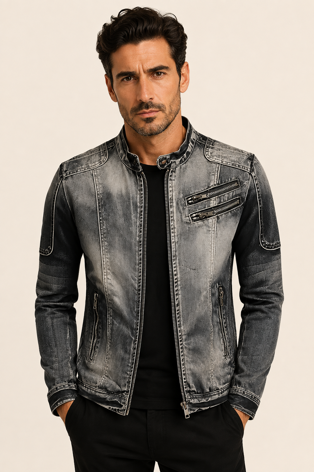 Klassische graue Herren-Jeansjacke an Mann auf warmem beigem Hintergrund