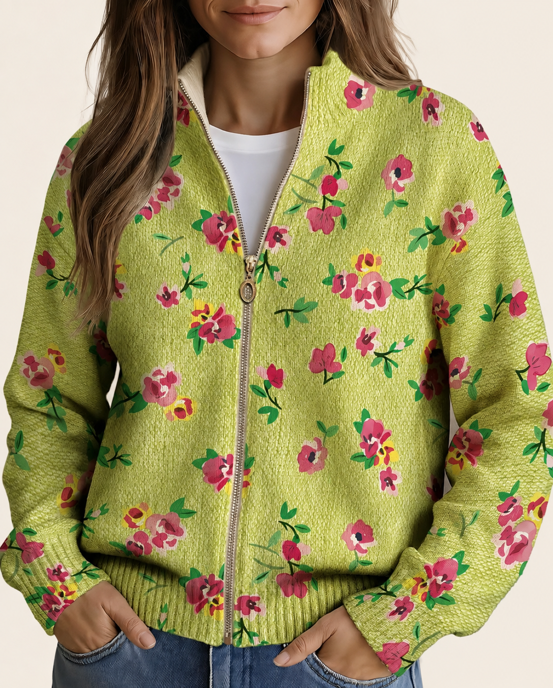 Constance | Zip-Cardigan mit Blumenmuster – warmbeiger Studiohintergrund