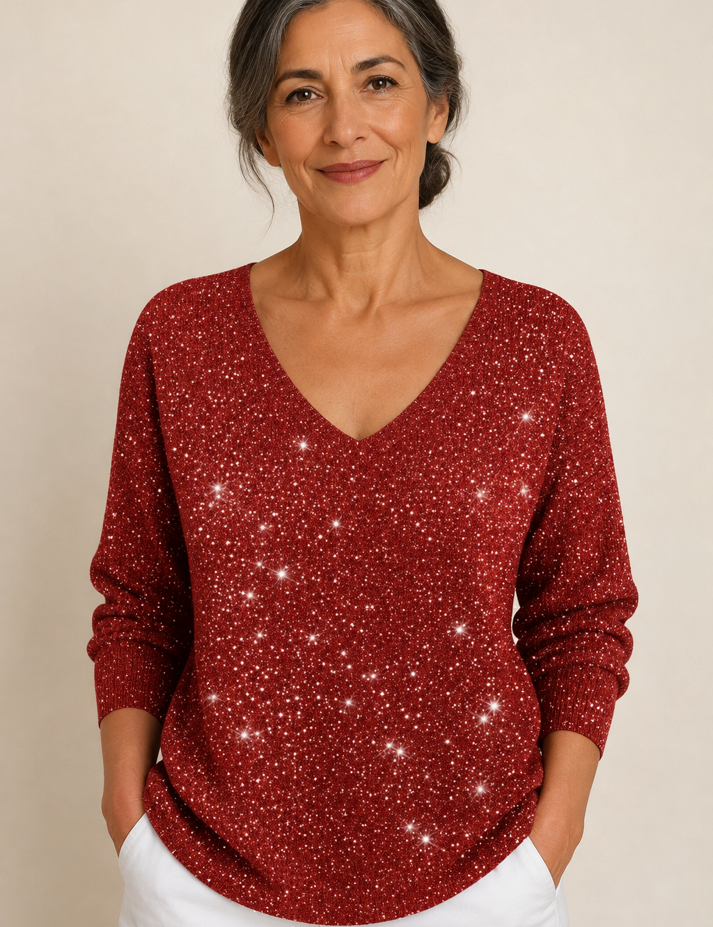 Cristina roter Glitzerpullover mit V-Ausschnitt an reifer Frau auf warmem beigem Hintergrund