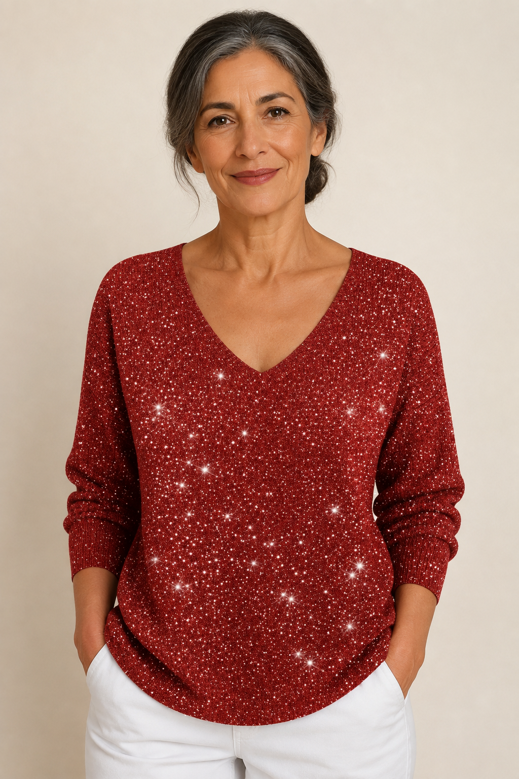 Cristina roter Glitzerpullover mit V-Ausschnitt an reifer Frau auf warmem beigem Hintergrund