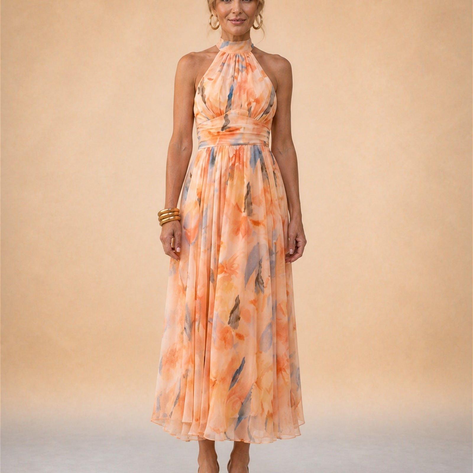 Maria-Teodora rochie maxi florală - vedere frontală studio