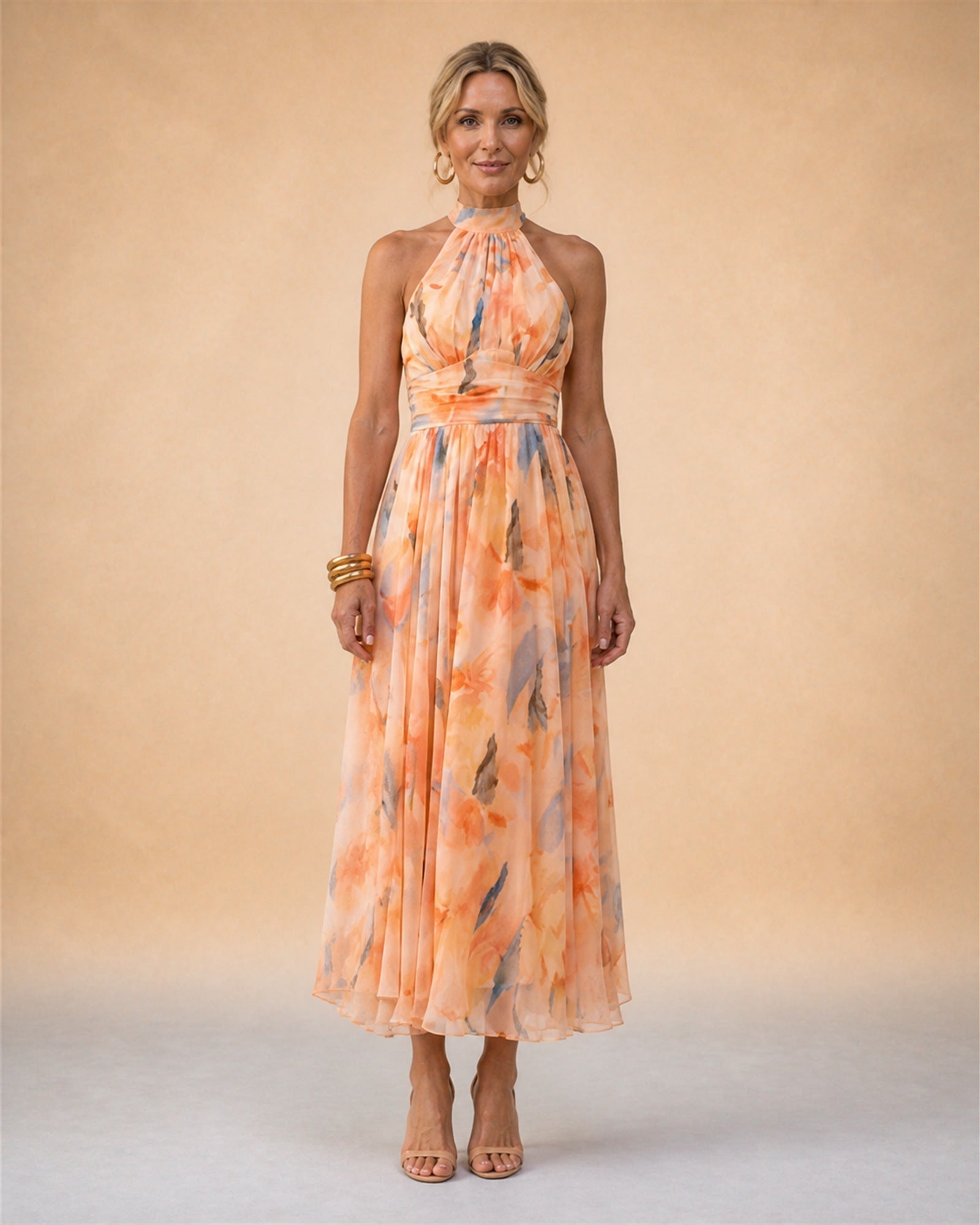 Maria-Teodora rochie maxi florală - vedere frontală studio