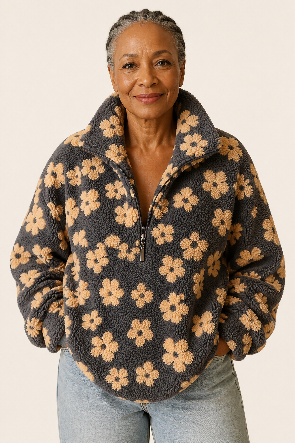 Daisy grauer Fleece-Pullover mit beigen Blumen an reifer Frau auf warmem beigem Hintergrund