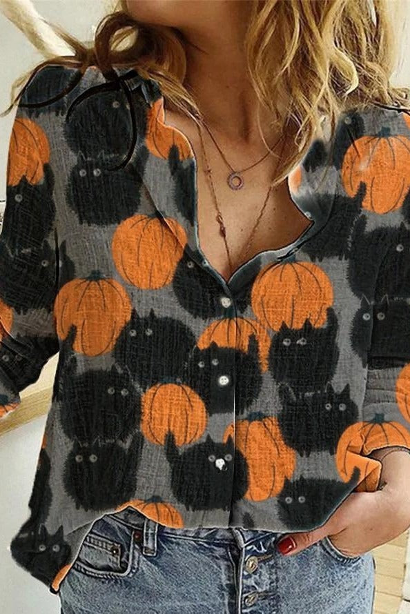 Aurelia | Bluse mit Kürbismotiv und Katzenmotiv – Produktansicht 1