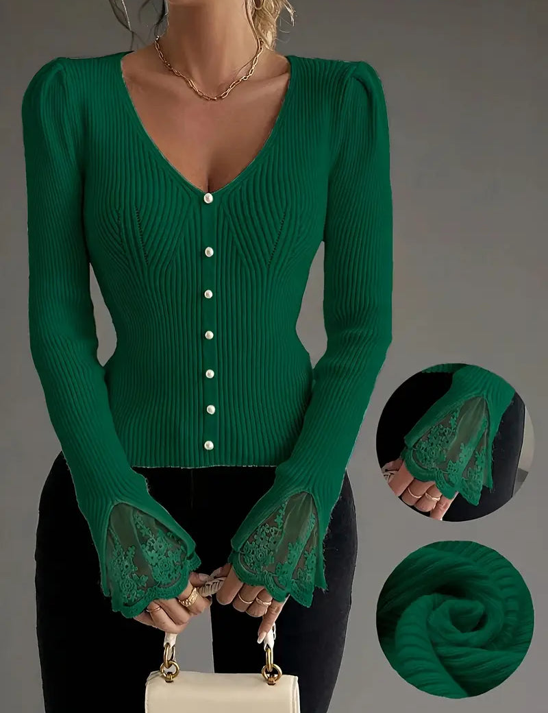 V-neck ribbed top mit Spitze sleeves – Bild 11