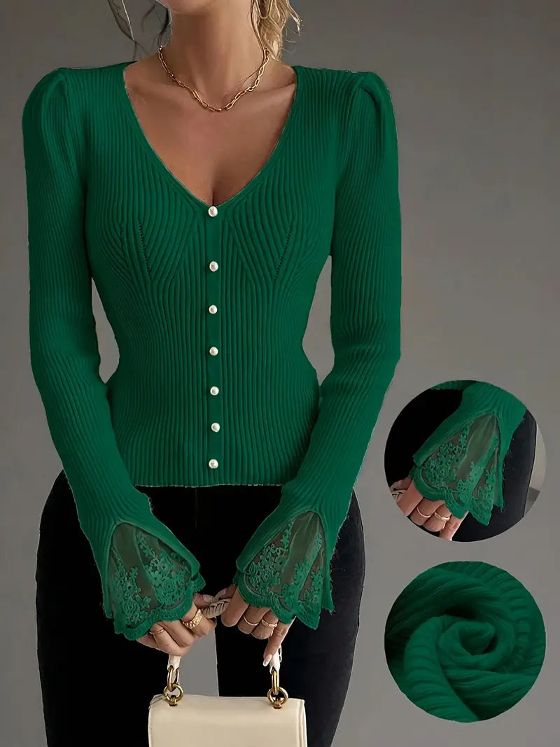 V-neck ribbed top mit Spitze sleeves – Bild 11