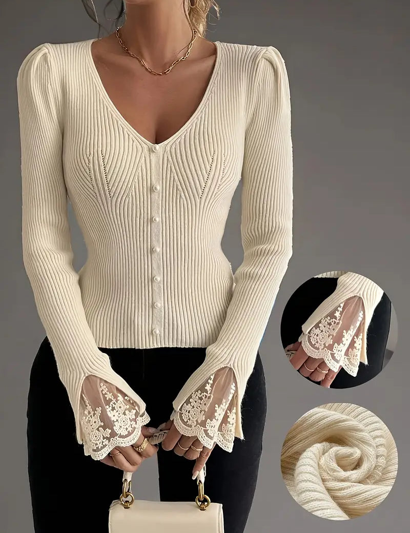 V-neck ribbed top mit Spitze sleeves – Bild 8