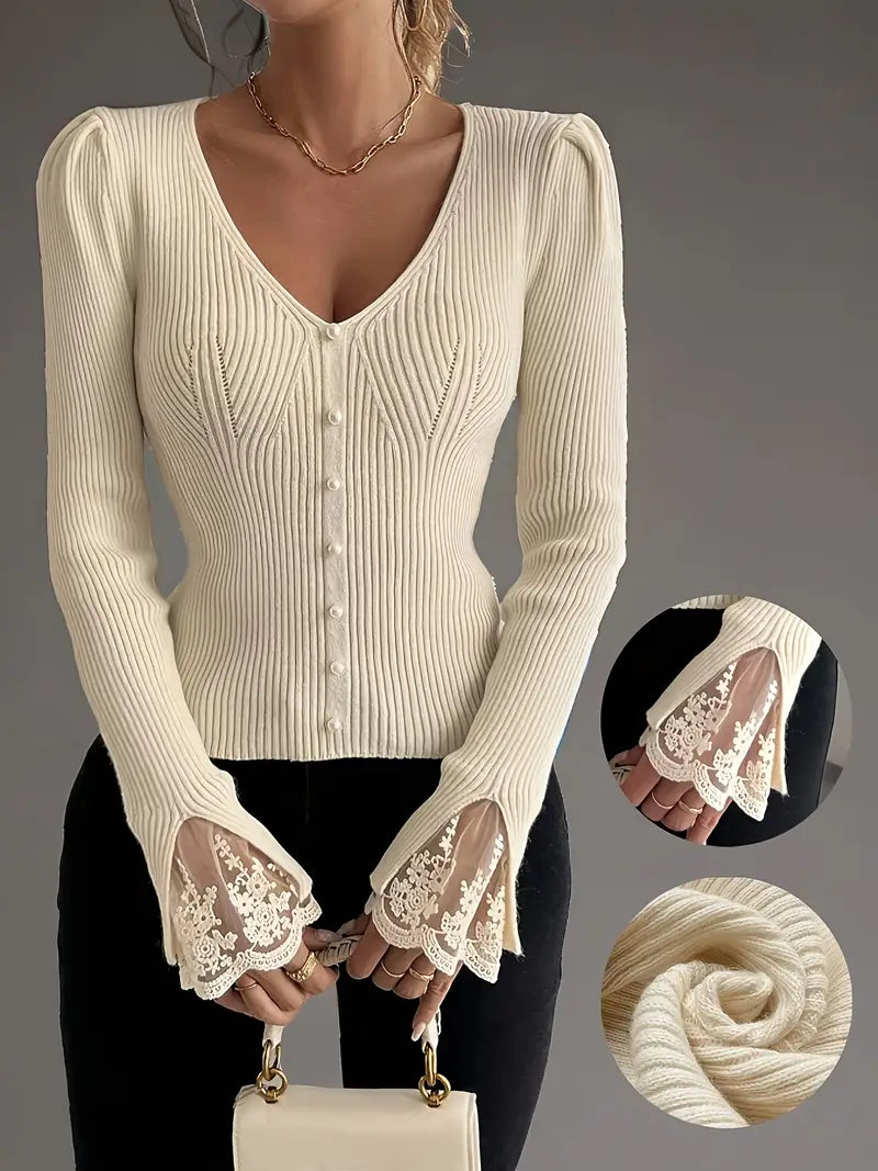 V-neck ribbed top mit Spitze sleeves – Bild 8