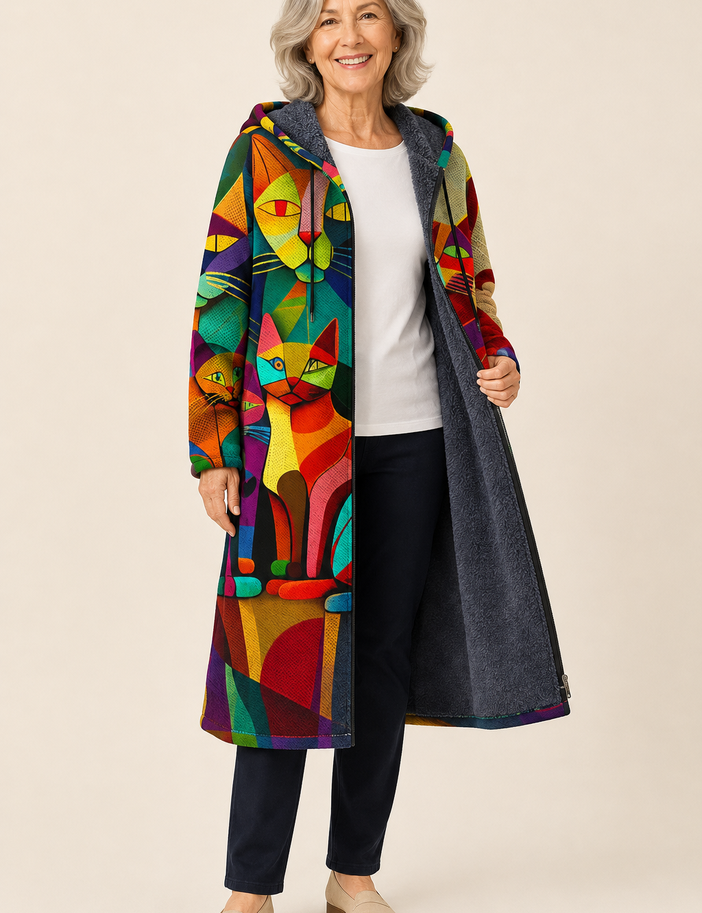 Elandra | Luxurious künstlerisch Cardigan – warmbeiger Studiohintergrund