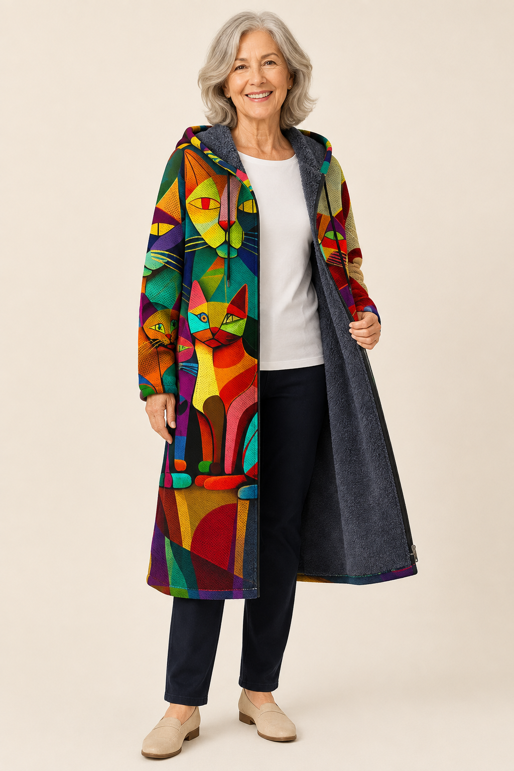 Elandra | Luxurious künstlerisch Cardigan – warmbeiger Studiohintergrund