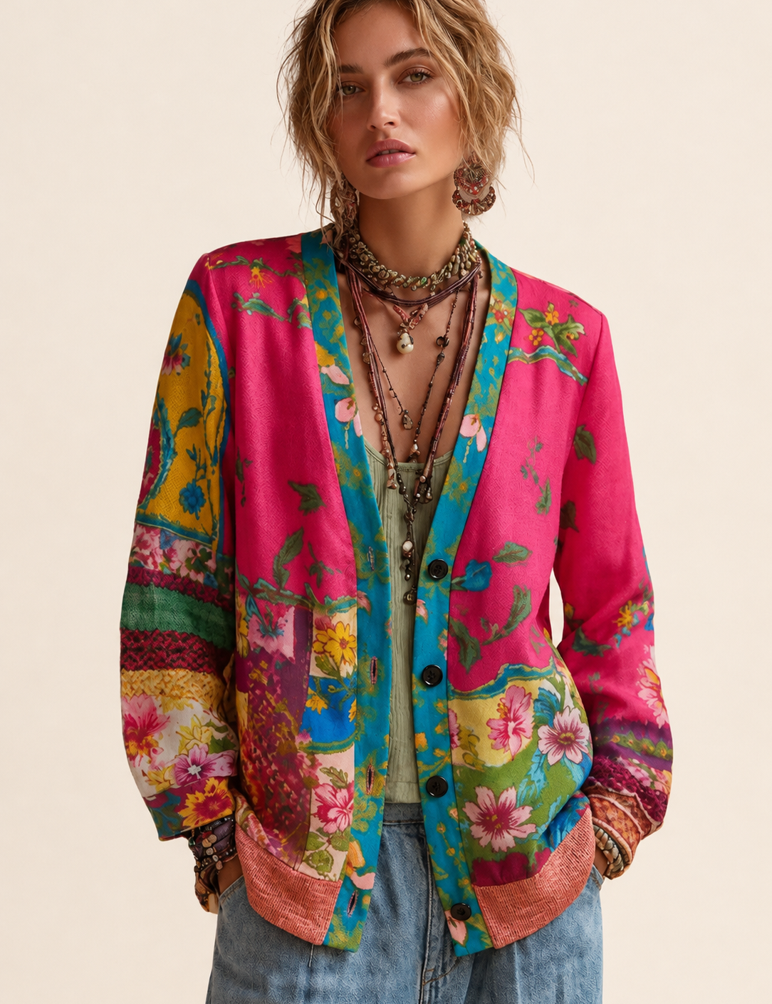 Elegante florale Damen-Strickjacke auf warmem beigem Hintergrund