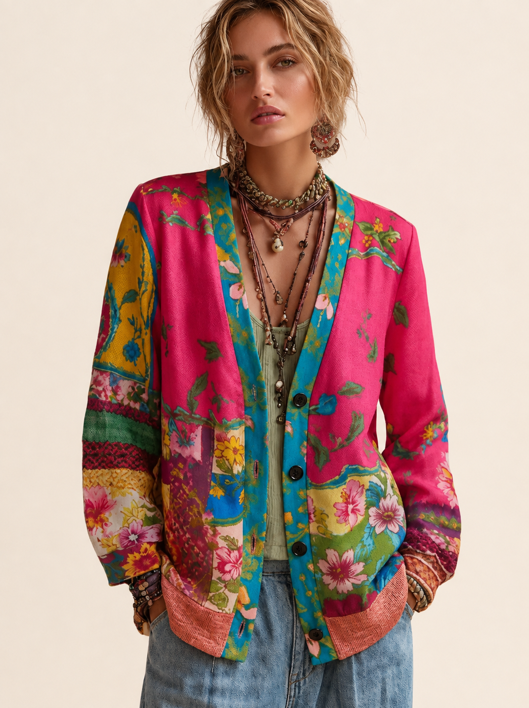 Elegante florale Damen-Strickjacke auf warmem beigem Hintergrund