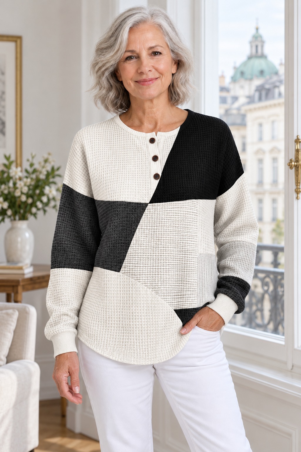 Ella | Pullover mit schwarz-weißem Color-Blocking – Ansicht am Fenster