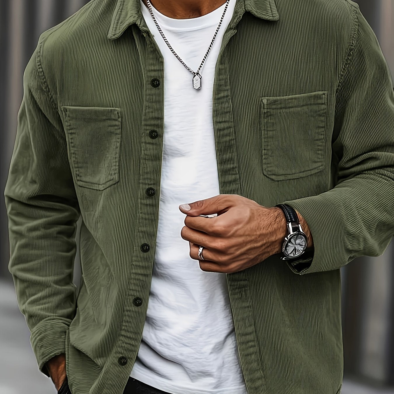 Ellison - overshirt din catifea cord, Verde militar