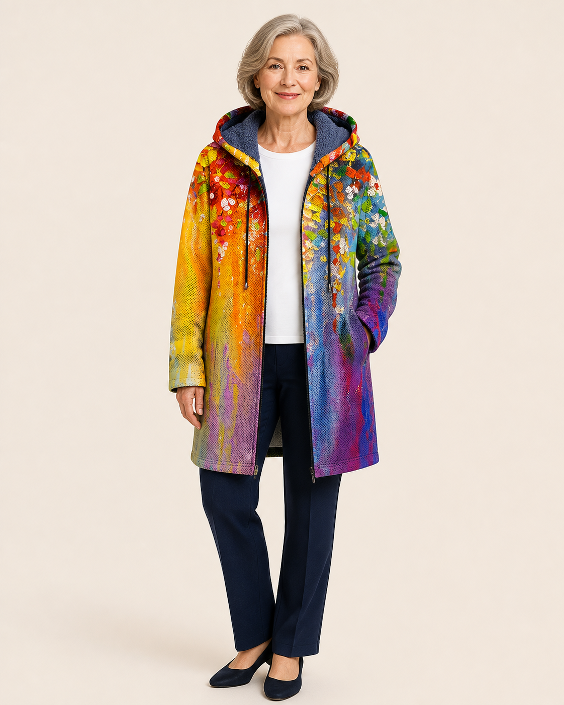Elouera | Luxurious Cardigan mit künstlerisch Inspiration – warmbeiger Studiohintergrund