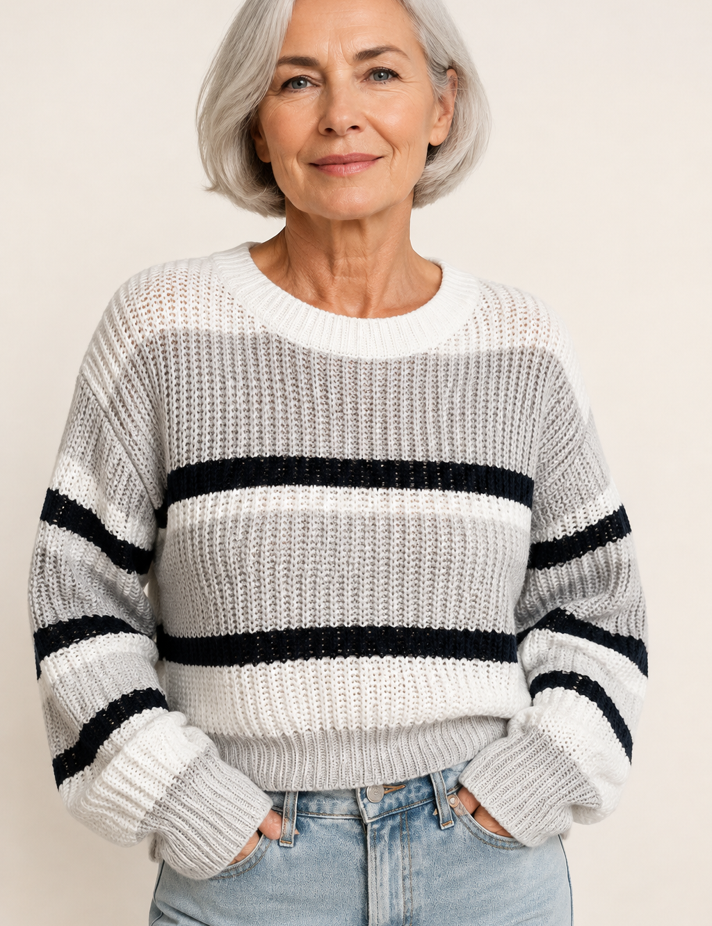 Ema weiß-grau gestreifter Oversize-Pullover an reifer Frau auf warmem beigem Hintergrund
