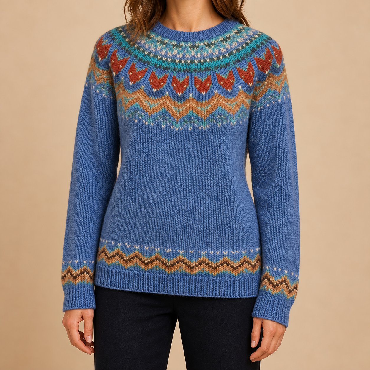 Ema – Blauer Norwegerpullover, vollständige Nahansicht