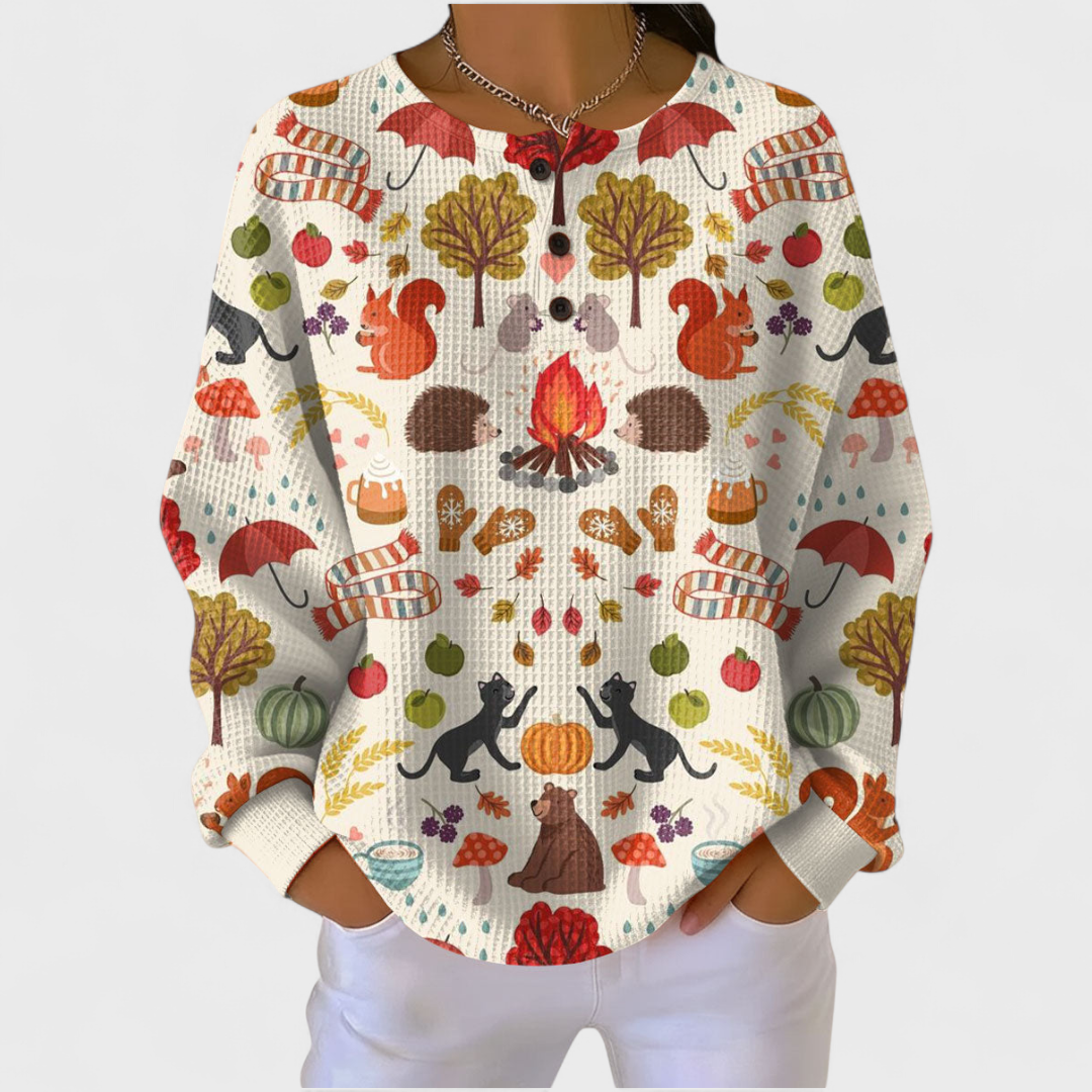 Béatrice | Cremefarbener Pullover mit Herbstwald – Bild 1