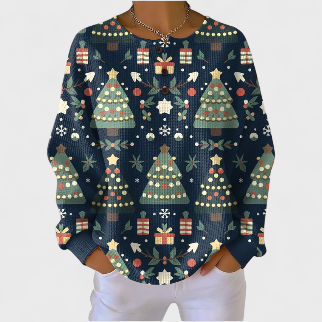 Fanny | Marineblauer Weihnachtspullover mit Tannenbäumen – Bild 1