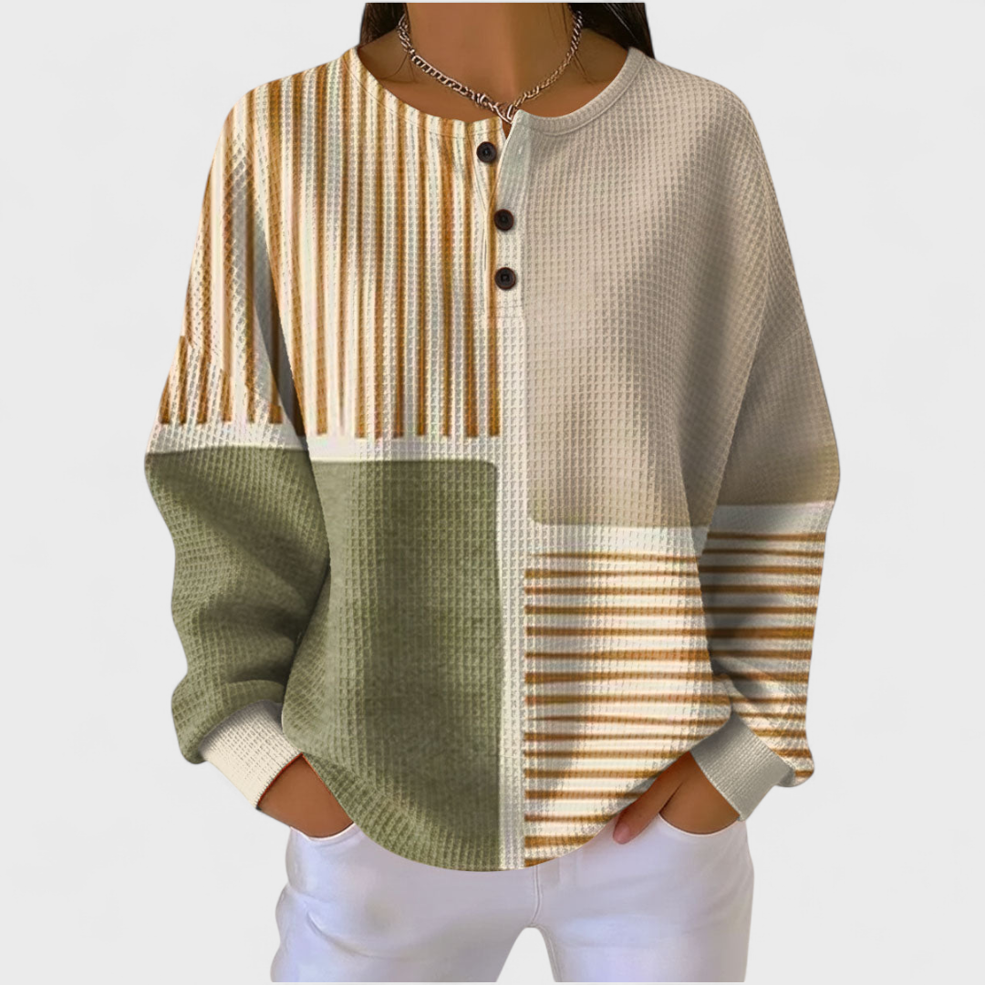 Luna | Beiger gestreifter Patchwork-Pullover – Bild 1