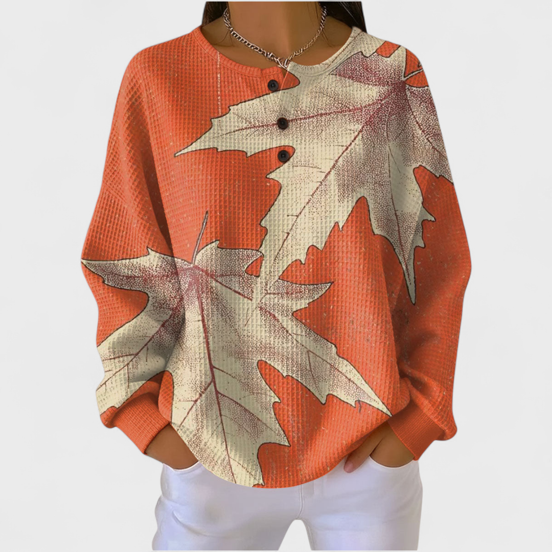 Manon | Oranger Pullover mit Herbstblättern – Bild 1