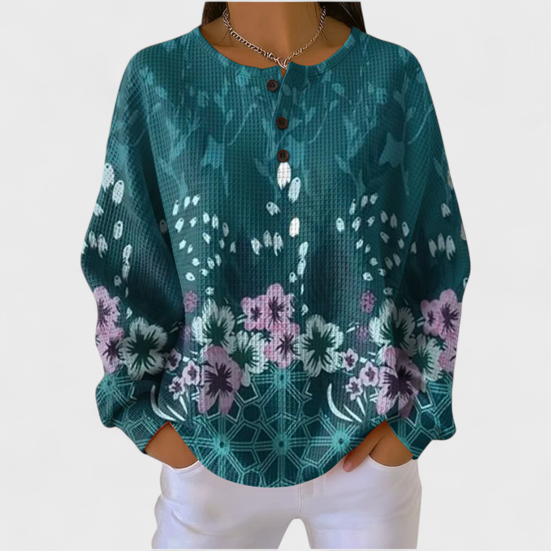 Nora | Petrolfarbener Pullover mit Blumenmuster – Bild 1