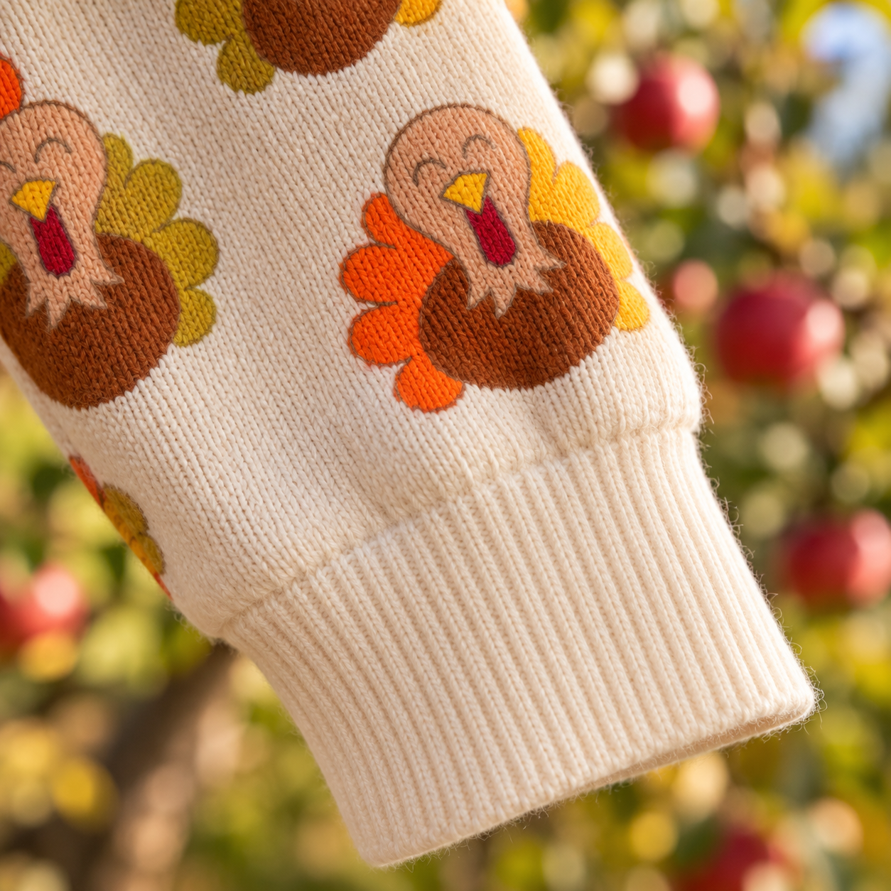 Detailansicht von Ärmel und Bündchen der Angélique Strickjacke in Cremeweiß mit Truthahnmotiven