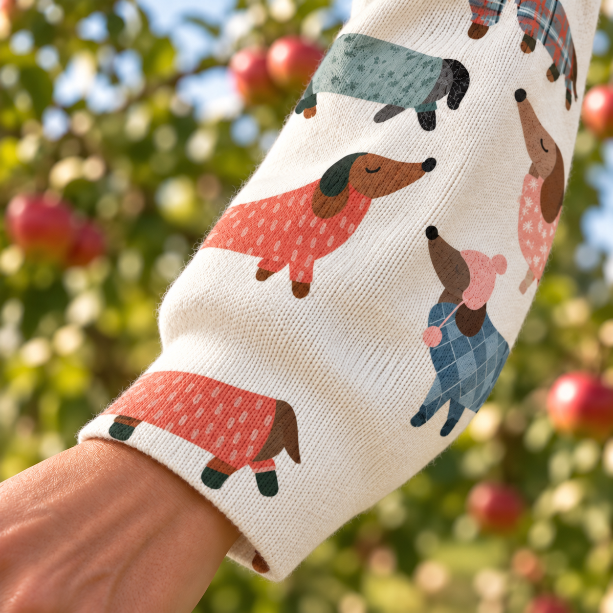 Detailansicht von Ärmel und Bündchen der Domitille Strickjacke in Cremeweiß mit bunten Dackelmotiven