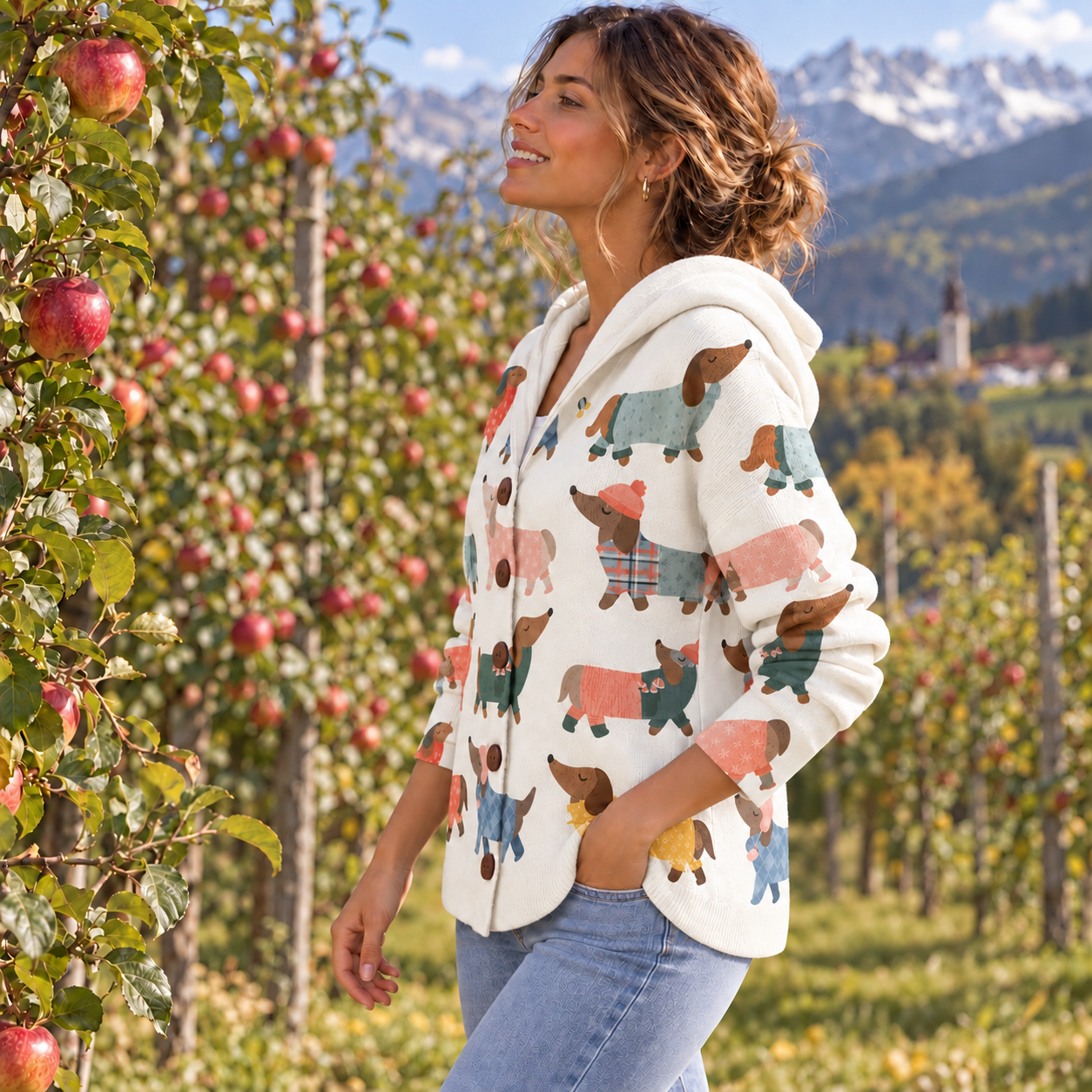 Domitille Strickjacke in Cremeweiß mit bunten Dackelmotiven aus schräger Vorder- und Seitenansicht