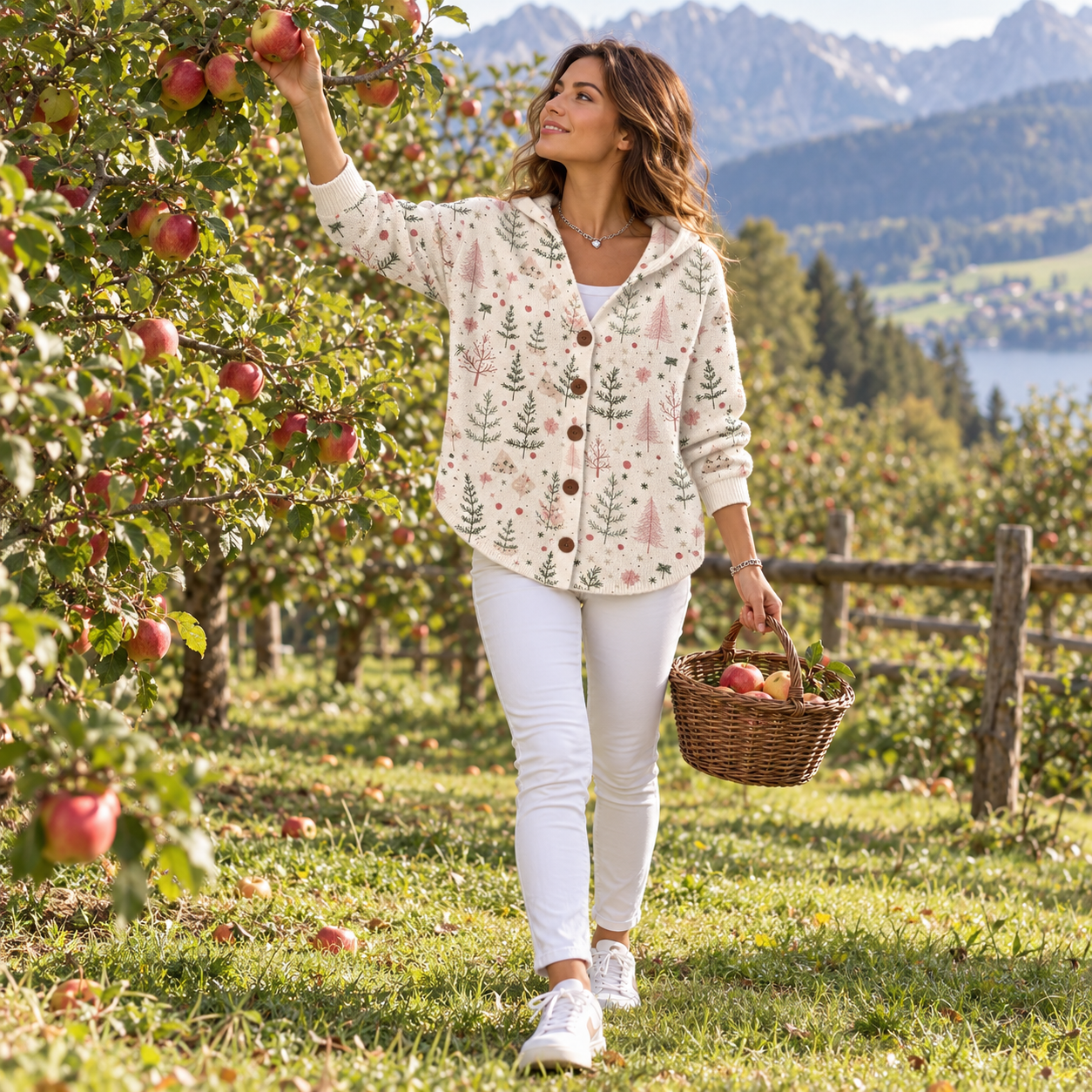 Geneviève Strickjacke in Cremeweiß mit zarten Zweigmotiven beim Apfelpflücken im österreichischen Obstgarten