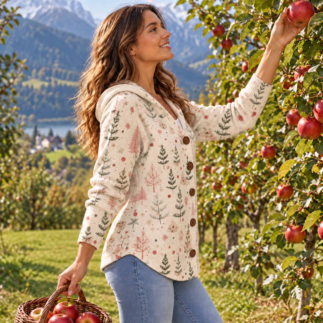 Geneviève Strickjacke in Cremeweiß mit zarten Zweigmotiven aus schräger Vorder- und Seitenansicht